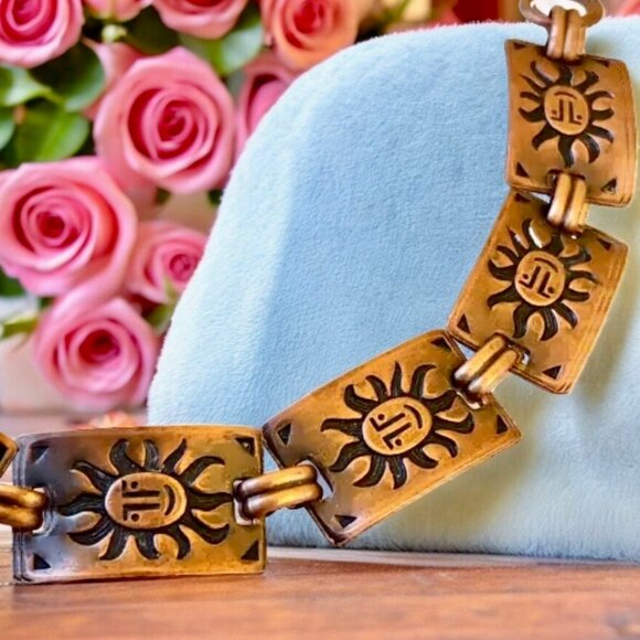 Copper Bracelet Vintage Sun Face Rectangular Links Southwestern Boho - Picture 6 of 11